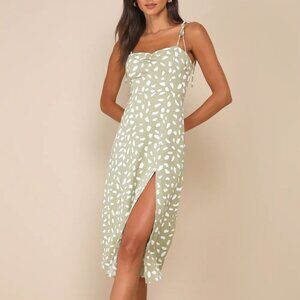 Lulu Party in Paris Sage Green Print Tie-Strap Midi Dress